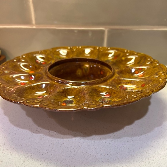 MCM Deviled Egg & Olive Dish Brown Orange Ceramic Dotted Glaze 1970s Holds 12 - Picture 2 of 8